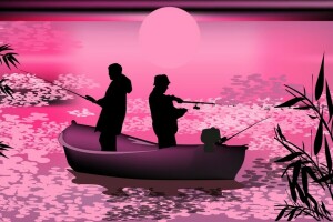 boat, fisherman, landscape, rod, sunset, Vector