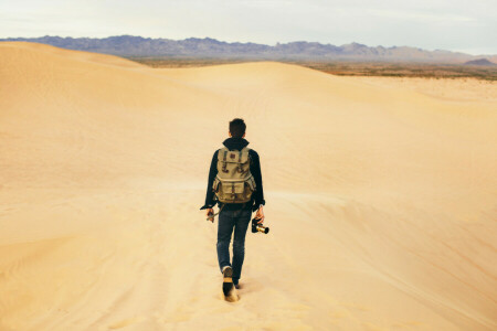 Desierto, chico, masculino, arena, la Cámara