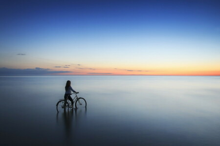 bicicletă, fată, mare, apus de soare