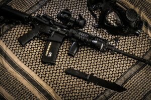 ar-15, assault rifle, fabric, knife, weapons