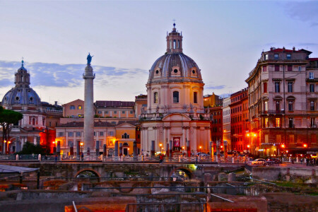 Église, colonne, Italie, Rome, le coucher du soleil, Le ciel