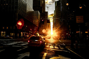 dawn, glow, home, New York, street, taxi, the sun