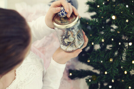 Bank, girl, horse, New Year, tree