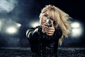 blonde, blur, girl, gun, jacket, lights, night, weapons