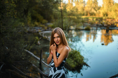 beautiful, Daria, dress, girl, lake, natural, summer, sun