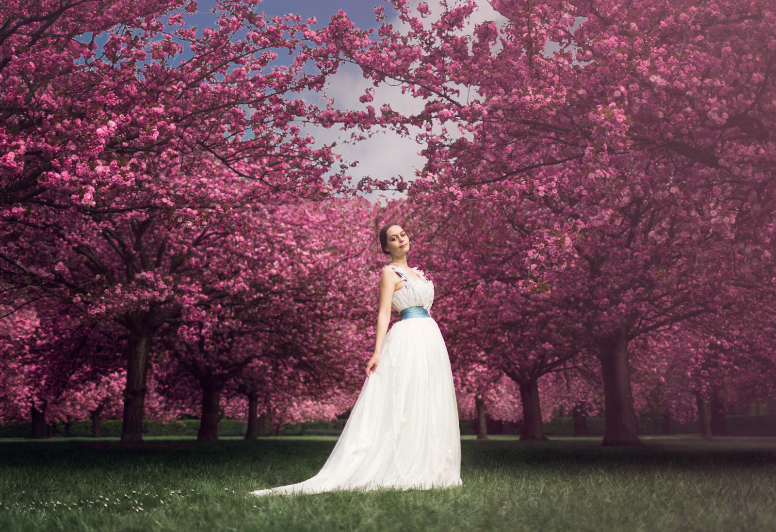 grass, Cherry, lips, white dress, Woman, direct look, blue belt