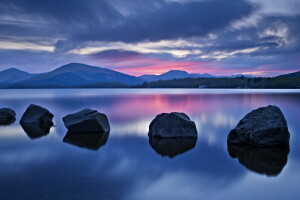 lake, landscape, stones