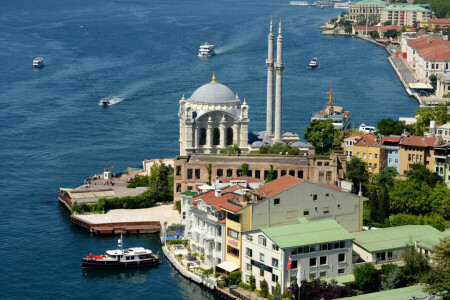 Istanbul, mosque, shore, Strait, The Bosphorus, Turkey