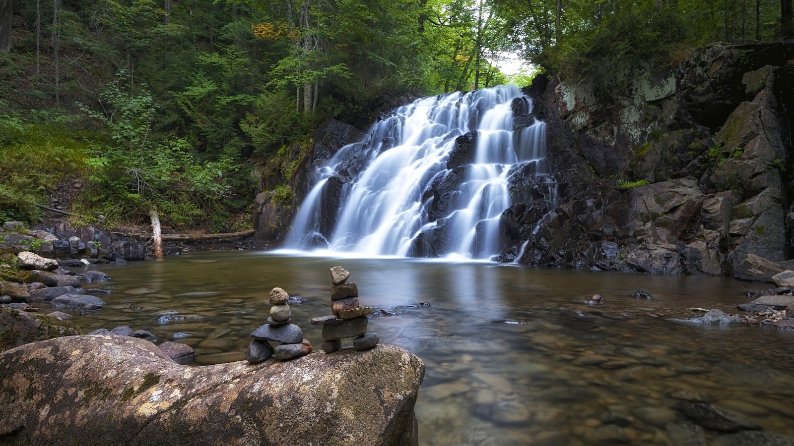 floresta, rio, pedras, cascata, Canadá, Ontário, inuksuk, Cachoeira de Robertson Creek