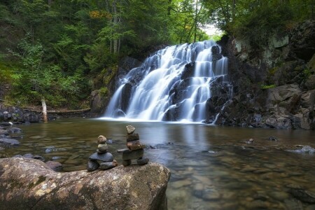 Tierras Altas de Algoma, Canadá, cae Robertson Creek, bosque, inuksuk, Ontario, río, Robertson Creek Waterfall