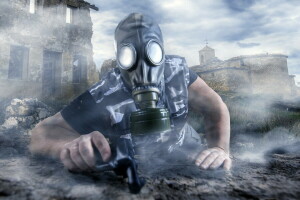 gas mask, people, weapons