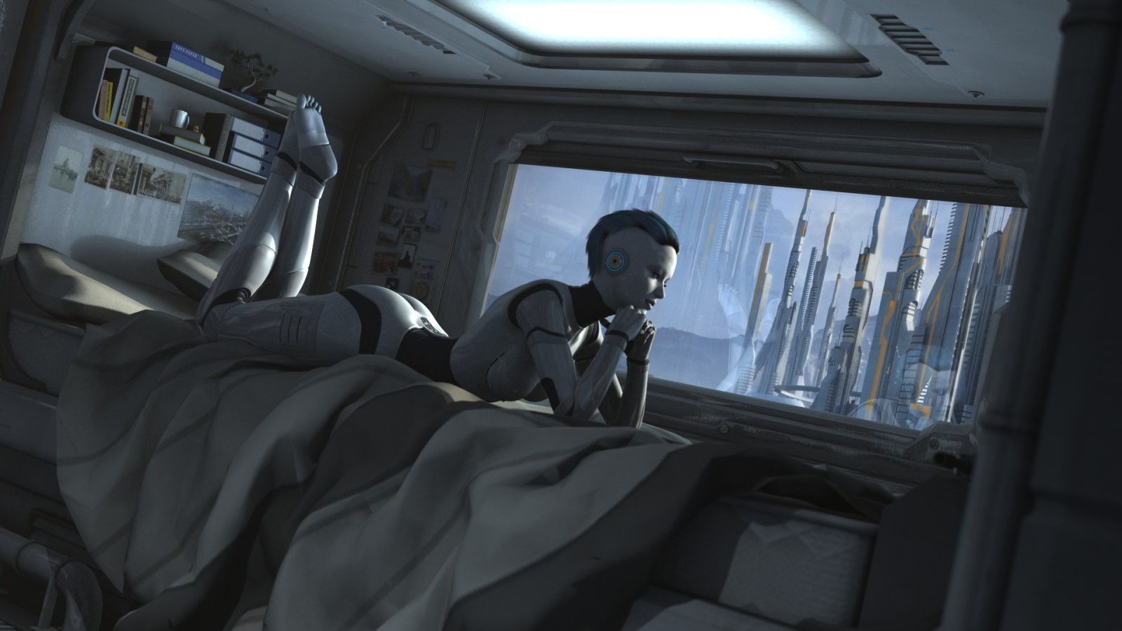 de stad, bed, venster, robot, Fictie, Sci-Fi, cyborg, Mechanoid