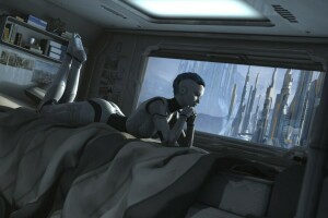 bed, cyborg, Fiction, mechanoid, robot, Sci-Fi, the city, window