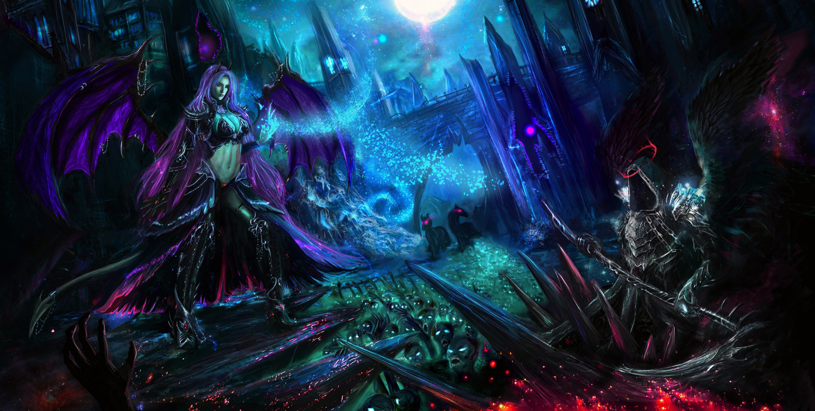 light, hood, night, The moon, battle, wings, the demon, Woman