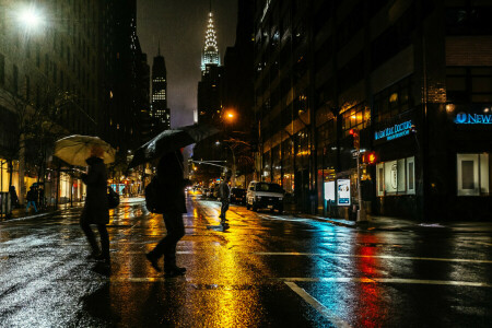 lumière, New York, nuit, gens, pluie, rue, la ville, Etats-Unis