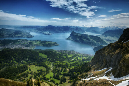 tó, Luzerni-tó, hegyek, panoráma, Svájc, a felülnézet