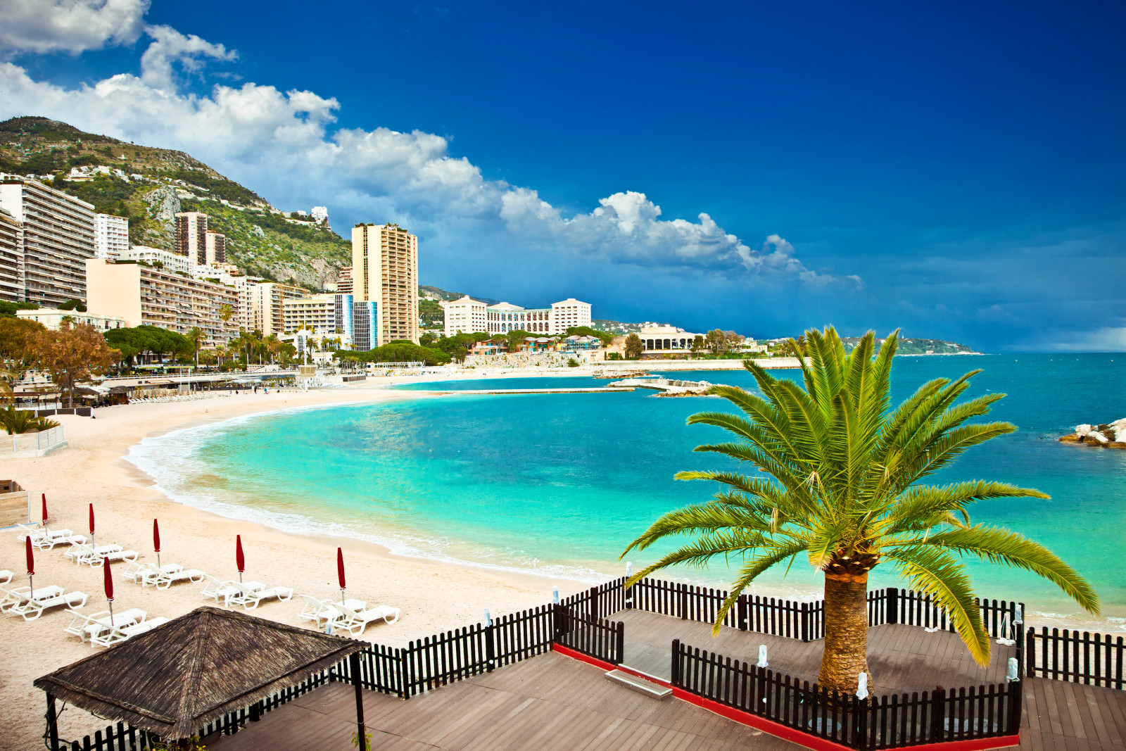 kust, strand, zee, wolken, bergen, huis, zand, Monaco