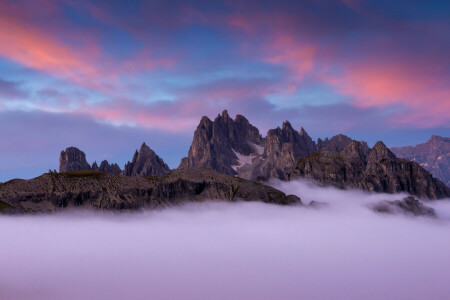 nuvole, nebbia, Italia, montagne, picchi, rocce, Le Dolomiti