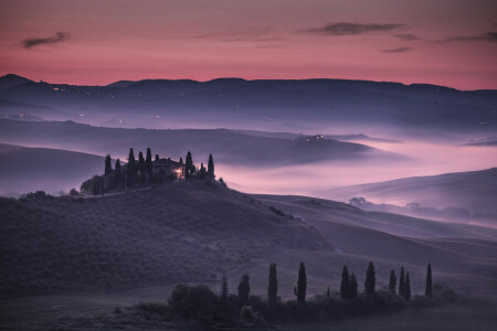 kopce, Itálie, svítání, Toscana