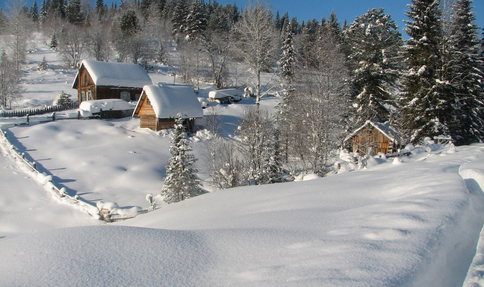 snow, the sky, house, winter, trees, slope