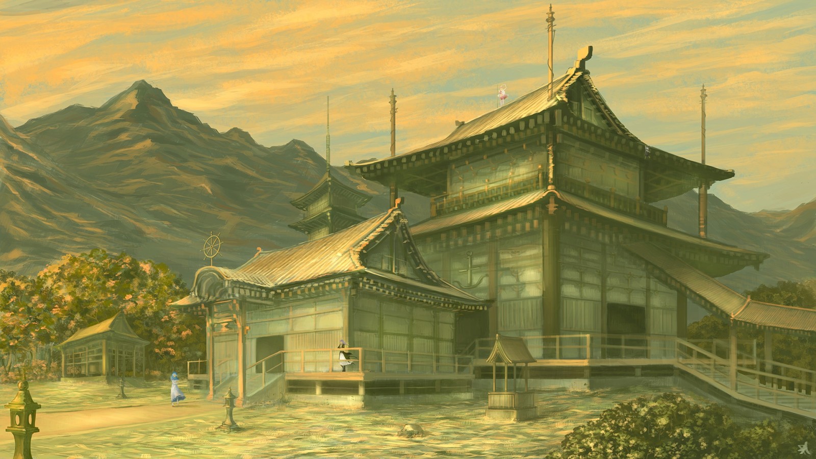 luci, arte, montagne, Giappone, scala, pagoda, Progetto Touhou, gazebo