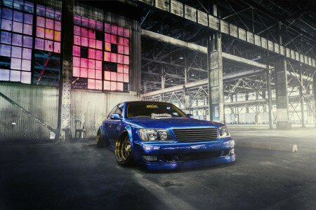 blue, car, Elvis, Front, Lexus, LS400, smoke, stancenation