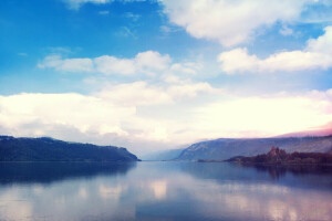 nuvens, floresta, lago, costa, superfície