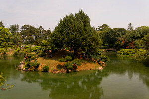 Japonsko, krajina, Příroda, Park, fotografie, rybník, Ritsurinová zahrada, Takamatsu