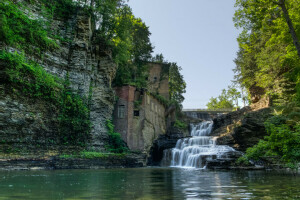 house, river, rock, the sky, trees, waterfall