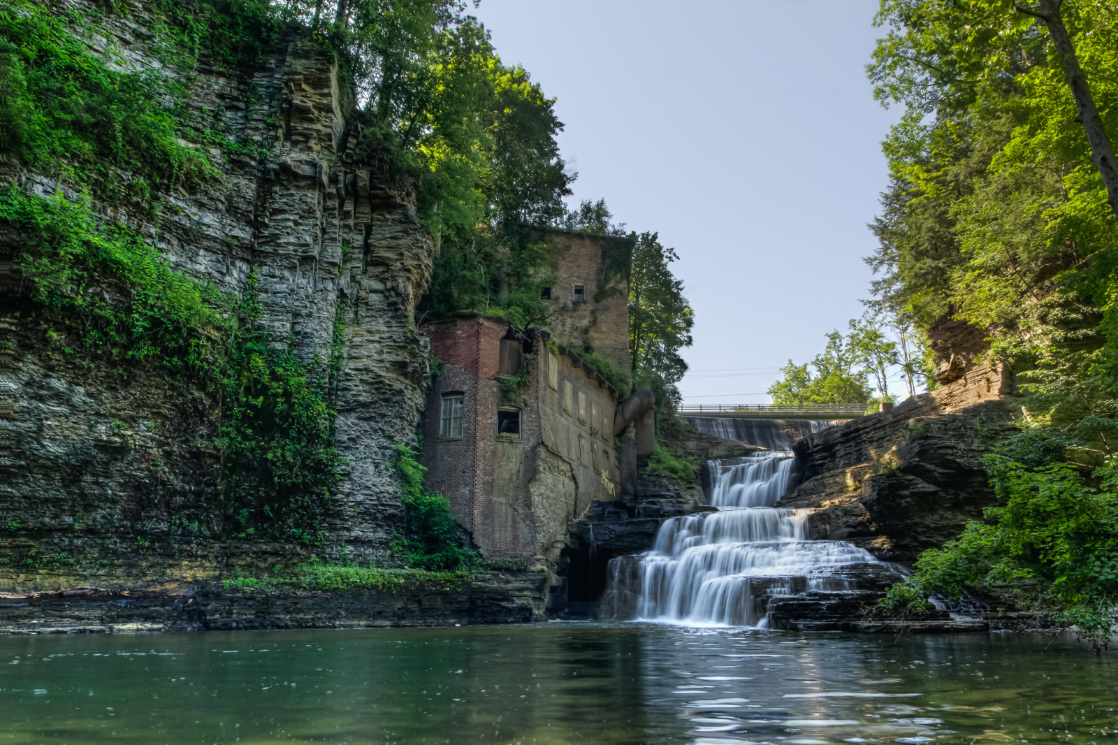 the sky, house, river, trees, waterfall, rock