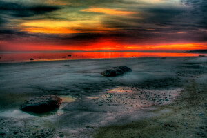 nuvens, brilho, HDR, mar, costa, pedras, o céu, Maré