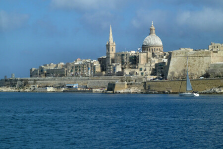 Dom, Malta, morze, kopuła, niebo, Valletta