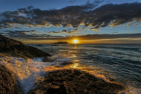 Austrália, nuvens, costa, Cabeça Fingal, Nova Gales do Sul, oceano Pacífico, pôr do sol, O oceano