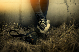 Ster, camera, gras, licht, schoenen, Sony, muur