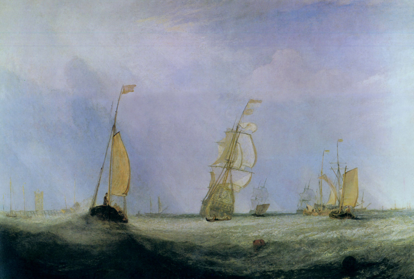 morze, obrazek, statki, fala, żagiel, pejzaż morski, William Turner, Going to Sea