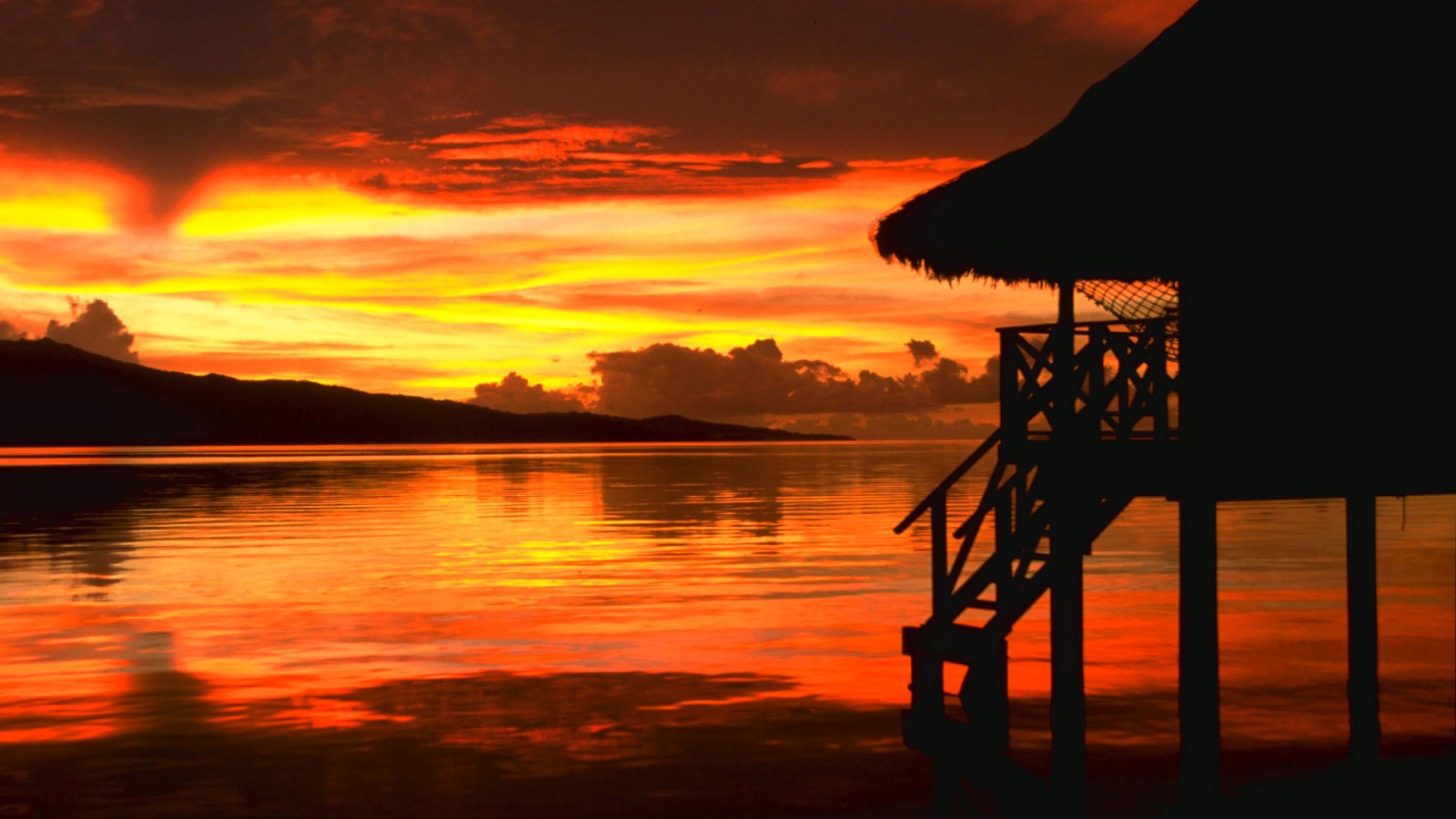 o céu, pôr do sol, mar, nuvens, Bangalô