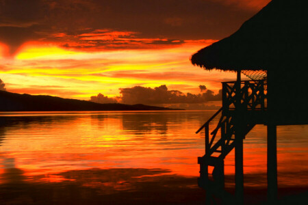 Bungalow, wolken, zee, zonsondergang, de lucht