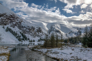 Woud, bergen, natuur, rivier-, sneeuw, de lucht, bomen, winter