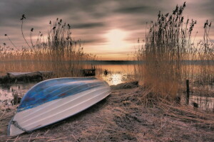 loď, jezero, rákos, západ slunce