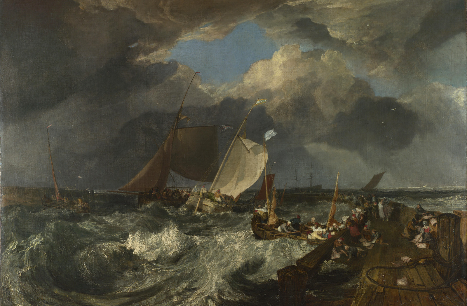 the sky, sea, picture, clouds, ship, boat, people, storm