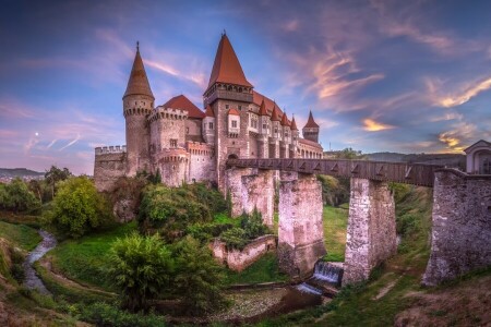 Bridge, castle, Cerna River, Corvin Castle, Hunedoara, river, Romania, The Corvin Castle