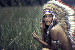 blur, feathers, girl, grass, headdress, look