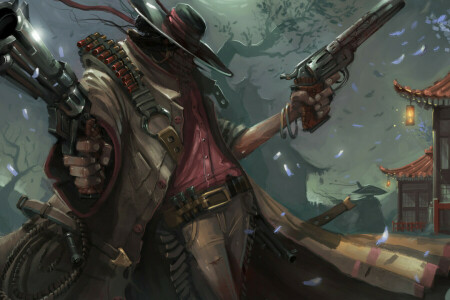 art, cloak, hat, Japan, Killer, revolvers, shooter