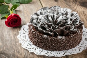 cake, chocolate, dessert, powdered sugar, rose