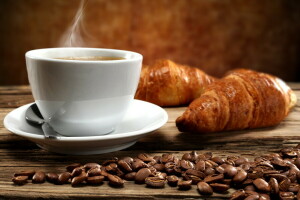 frijoles, desayuno, café, croissants, taza, creciente, caliente