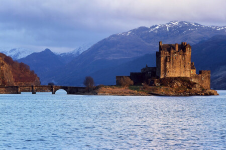 castle, clouds, mountains, Scotland, the sky, water