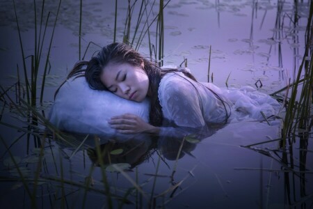 ragazza, lago, dormire