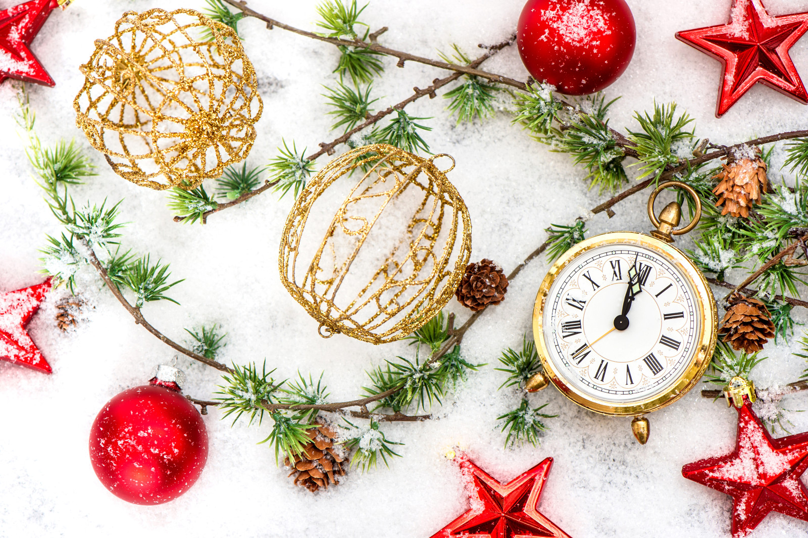 snow, New Year, Christmas, decoration, red, watch, stars, 2016