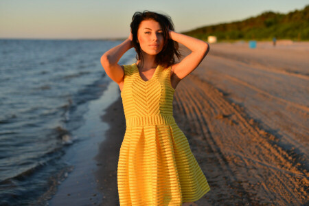 background, beach, face, girl, hair, look, the wind