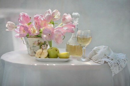 decanter, flowers, spring, Still life, tulips